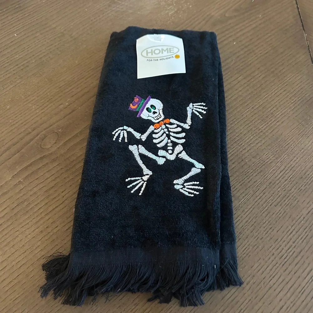 Home For The Holidays Halloween Hand Towel Black Dancing Skeleton Fringe Target